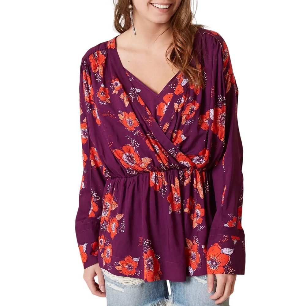 Free People Tuscan Dreams Plum Floral Boho Surplice Tunic Tie Sleeve Size S